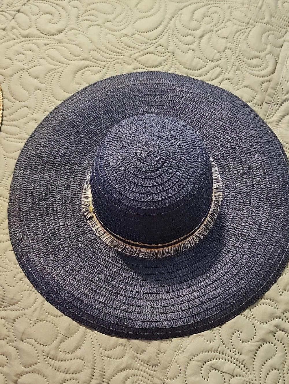 Rampage Slate Blue Wide-Brim Straw Sun Hat with Fringe Trim